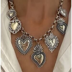 1pc Vintage Silver Tone Heart Pendant Necklace for Women, Zinc Alloy, 16”